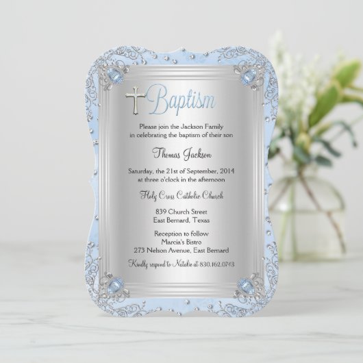 Blue Sparkle Jewel Baptisse Christening Einladung (Stehend Vorderseite)