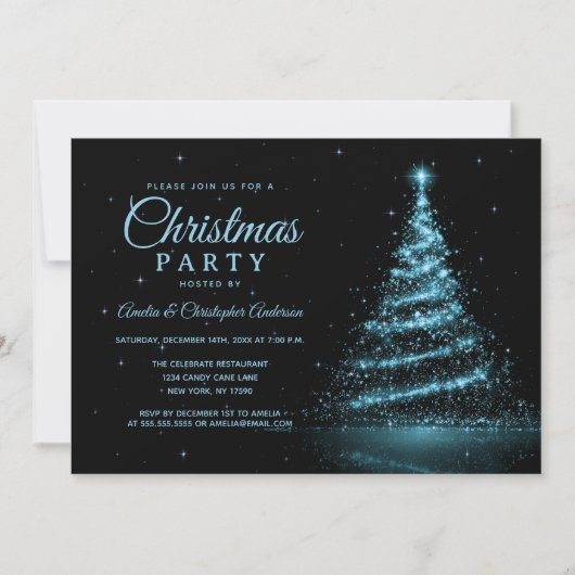 Blue Sparkle Light Tree Weihnachts-Party Einladung (Vorderseite)