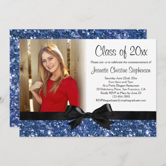Blue Sparkle-Look Ribbon Bow Foto Abschluss Einladung (Vorne/Hinten)