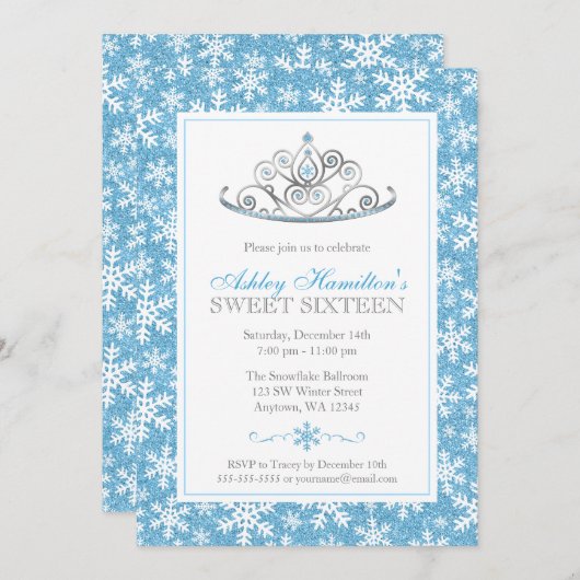 Blue Sparkle Princess Winter Wonderland Sweet 16 Einladung (Vorne/Hinten)