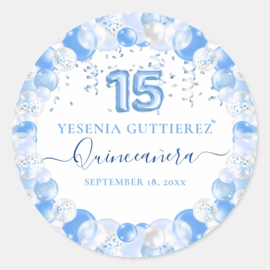 Blue Sparkle Quinceañera Balloon Runder Aufkleber (Vorderseite)