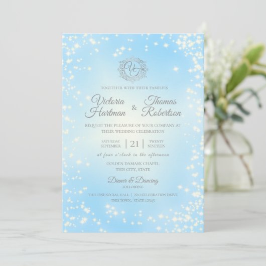 Blue Sparkle Sky Wedding Einladung (Stehend Vorderseite)