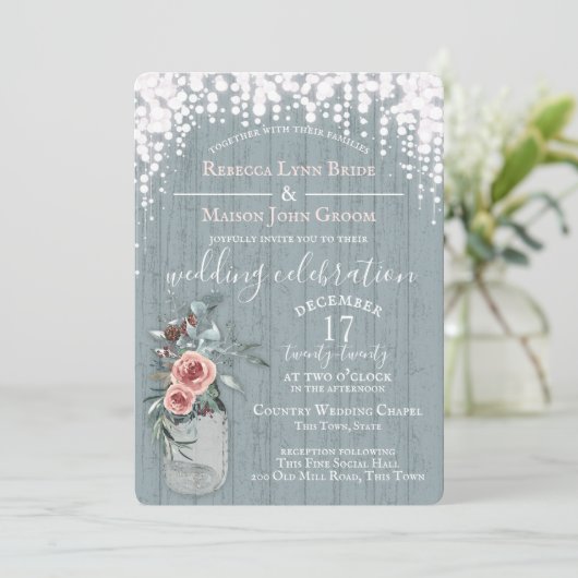 Blue Sparkle und Jar Blume Rustikale Hochzeit Einladung (Stehend Vorderseite)