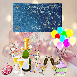 Blue Sparkling New Year Glitzer Cheer Stars Floral Banner