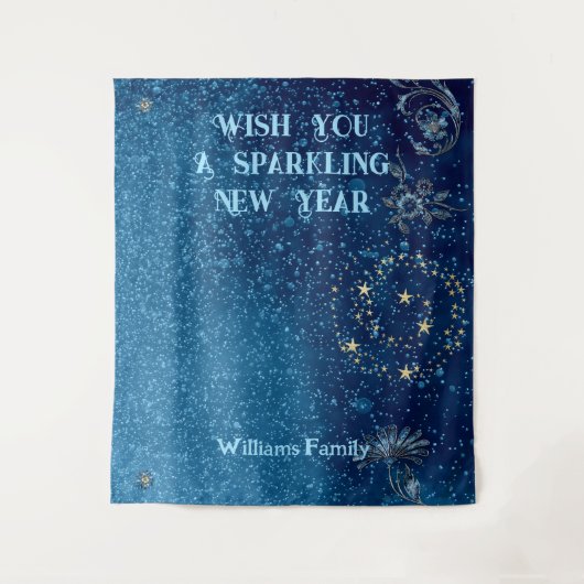 Blue Sparkling New Year Glitzer Cheer Stars Floral Wandteppich (Vorderseite)