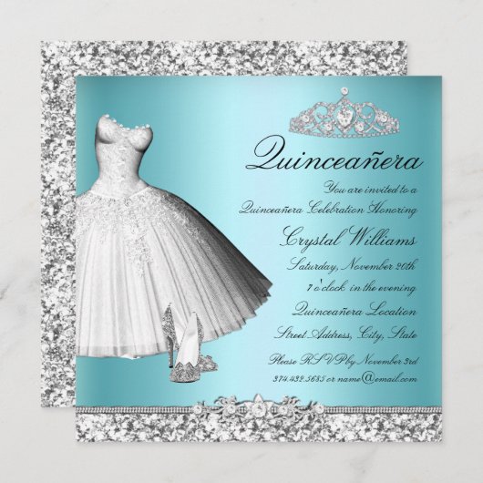 Blue Sparkon Glitzer Dress & Heelses Quinceanera Einladung (Vorne/Hinten)