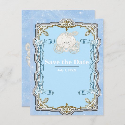 Blue Sparky Carriage Cinderella Save the Date Ankündigungspostkarte (Vorne/Hinten)