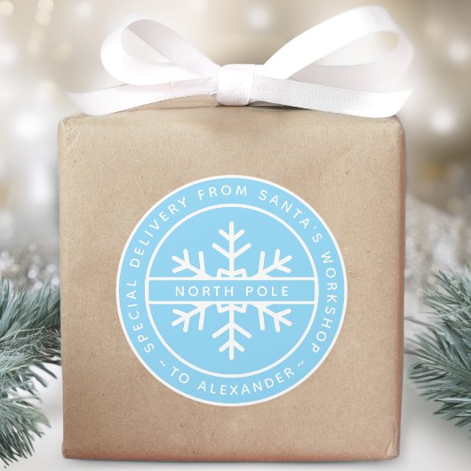 Blue Special Delivery Santa's Workshop North Pole Runder Aufkleber