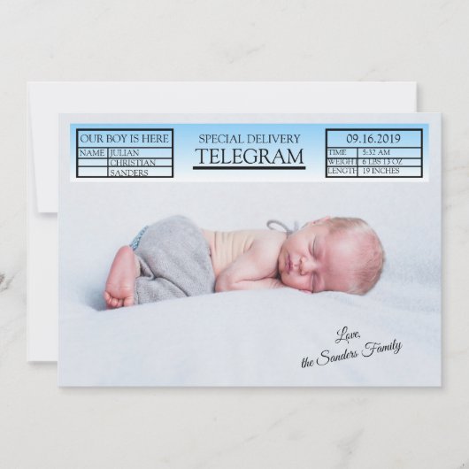 Blue Special Telegramm Geburtsankündigung für Jung Einladung (Vorderseite)