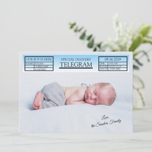 Blue Special Telegramm Geburtsankündigung für Jung Einladung (Stehend Vorderseite)