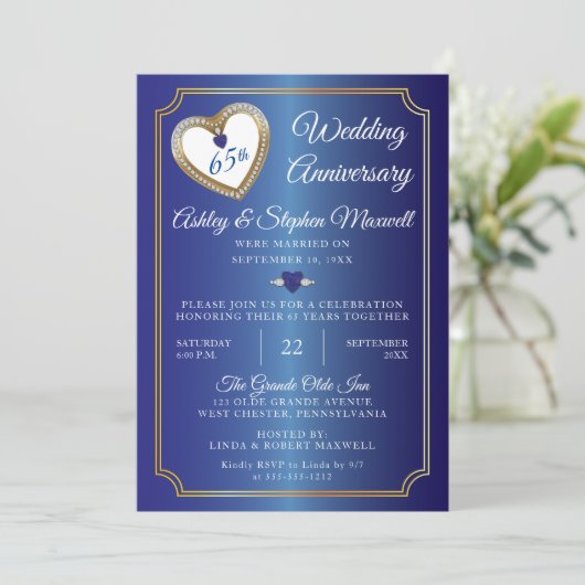 Blue Spinel Diamond 65-jähriges Party zum Hochzeit Einladung (Stehend Vorderseite)
