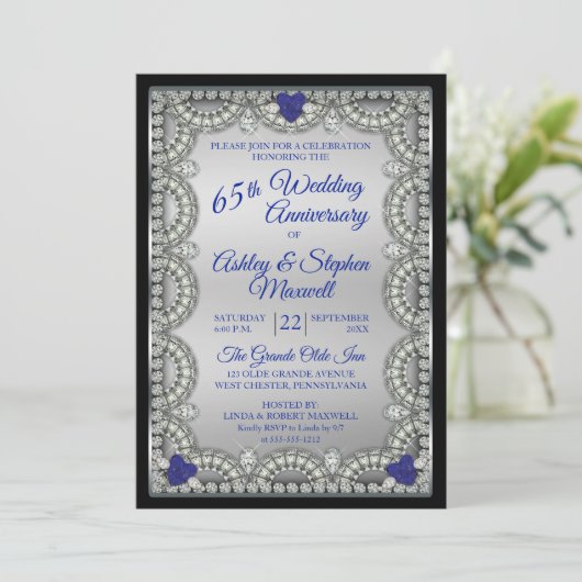 Blue Spinel Diamond 65-jähriges Party zum Hochzeit Einladung (Stehend Vorderseite)
