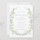 Blue sping flowers greenery wreath wedding einladung (Vorderseite)