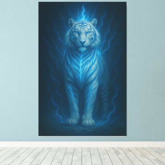 Blue Spirit Lightning White Tiger – Ethereal Storm Leinwanddruck (Insitu (Holzboden))