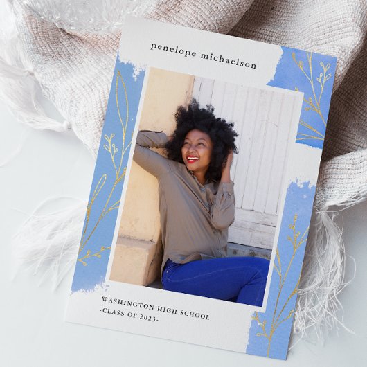 Blue Splashes Botanical Foto Graduation Party Einladung