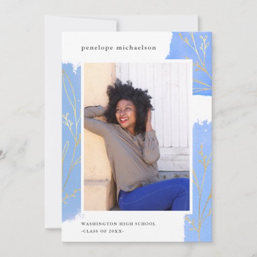 Blue Splashes Botanical Foto Graduation Party Einladung (Vorderseite)