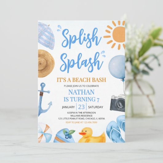 Blue Splish Splash Beach Bash Birthday Einladung (Stehend Vorderseite)