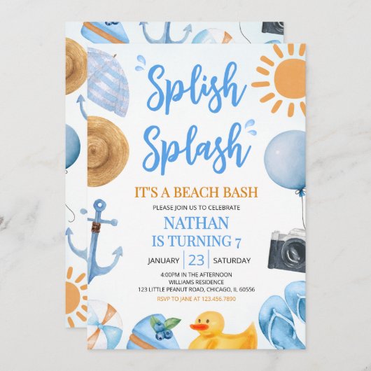 Blue Splish Splash Beach Bash Birthday Einladung (Vorne/Hinten)
