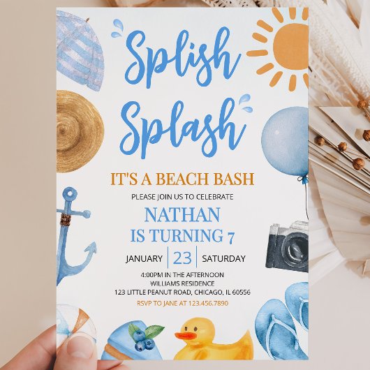 Blue Splish Splash Beach Bash Birthday Einladung