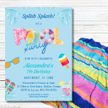 Blue Splish Splash Kids Pool Party Einladung<br><div class="desc">Tauchen Sie mit dieser Personalisierten, lebendigen Kids Pool Party Einladung ein! Set vor einem coolen blauen Hintergrund, der das einladende Wasser eines Sommertages nachahmt, sind diese Einladungen perfekt für jede Splash-tastische Feier. Sie sind mit einer trendigen Sonnenbrille, einer bunten Kugel und einem whimsical Flip Flops geschmückt und erwecken das Wesen...</div>