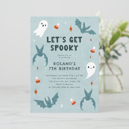 Blue Spooky Halloween Birthday Party Einladung (Stehend Vorderseite)