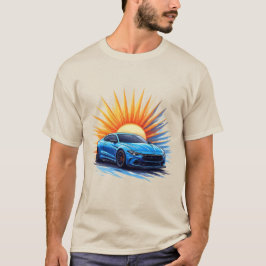 Blue Sporty Car gegen das helle Sonnenbrust-Showca T-Shirt