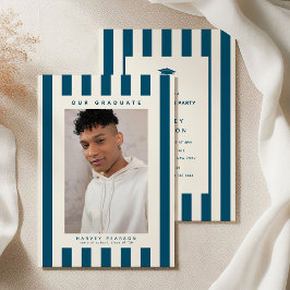 Blue Sporty Stripes 2 Photo Graduation Party Einladung