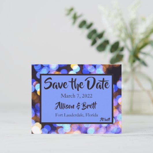 Blue Spot Lights Save the Date Card (Stehend Vorderseite)