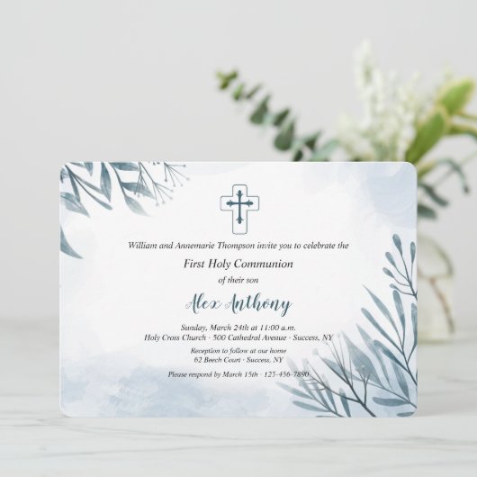Blue Sprigs Religiöse Einladung (Stehend Vorderseite)