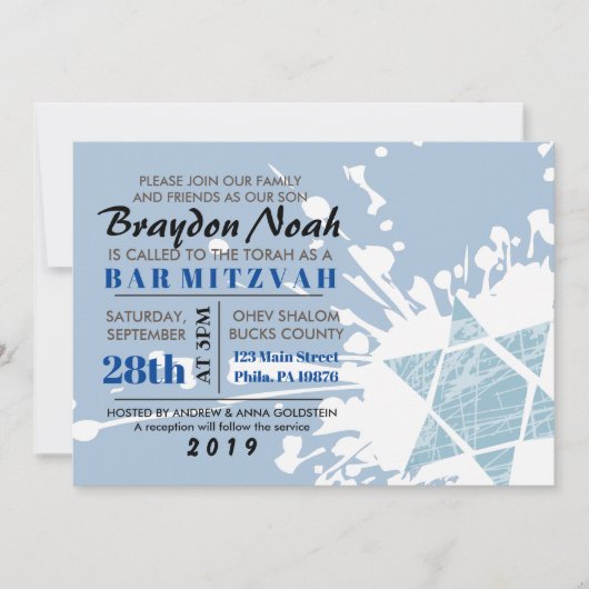 Blue Spritzer Star Bar Bat Mitzvah Einladung (Vorderseite)