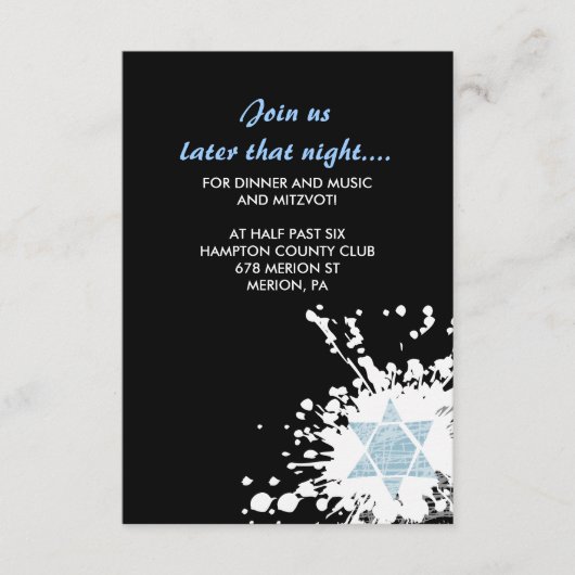Blue Spritzer Star Bar Bat Mitzvah Empfang Card Begleitkarte (Vorderseite)