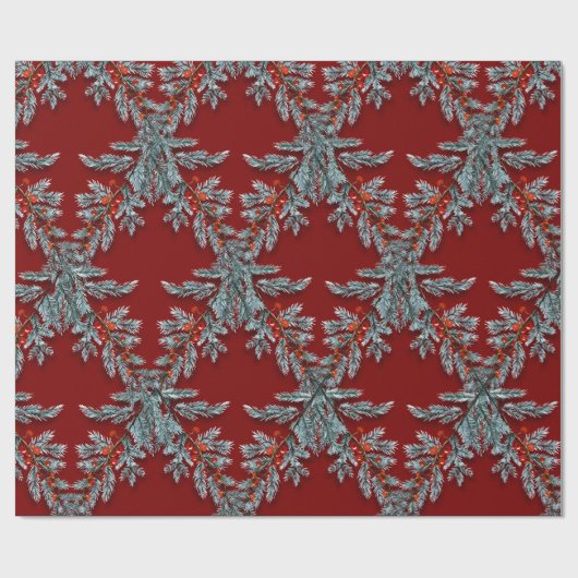 Blue Spruce Red Berries Lattice Dunkelrot Geschenkpapier (Flach)