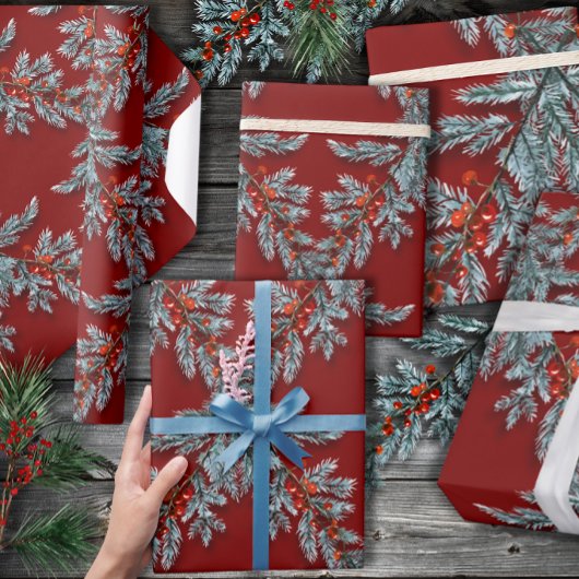 Blue Spruce Red Berries Lattice Dunkelrot Geschenkpapier