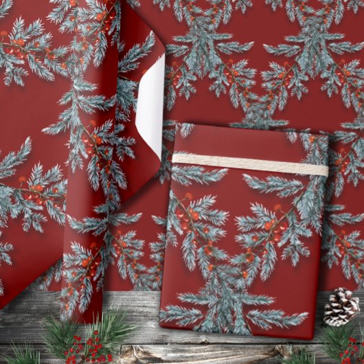 Blue Spruce Red Berries Lattice Dunkelrot Geschenkpapier