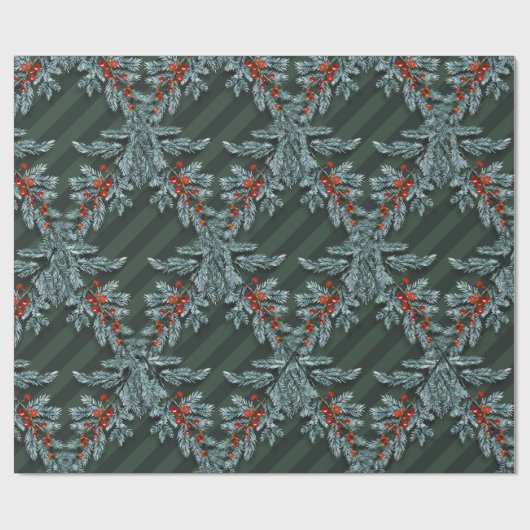 Blue Spruce Red Berries Lattice Forest Green Geschenkpapier (Flach)