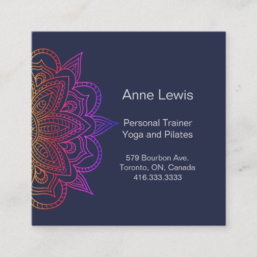Blue Square Business Card mit Floral Mandala Quadratische Visitenkarte (Vorderseite)