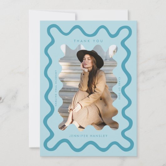Blue Squiggg Wavy Frame Abschluss Vielen Dank Ankündigung (Vorderseite)