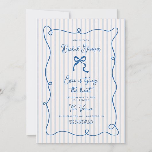 Blue Squiggle Frame Bow Bridal Dusche Einladung (Vorderseite)