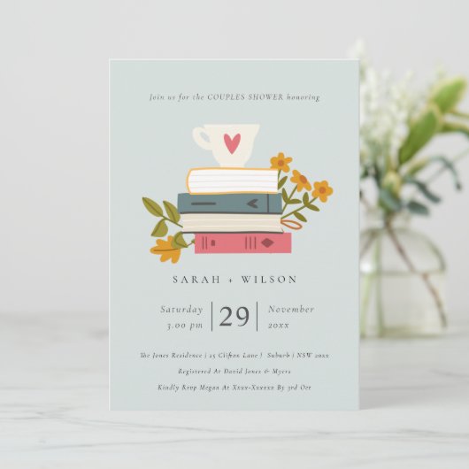 Blue Stack Books Floral Couples Dusche laden ein Dankeskarte (Stehend Vorderseite)