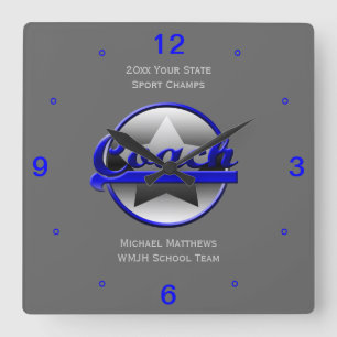 Blue Star Coach Name and School Square Clock Quadratische Wanduhr