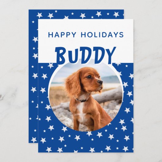 Blue Star Pattern Puppy Foto Holiday Card (Vorne/Hinten)