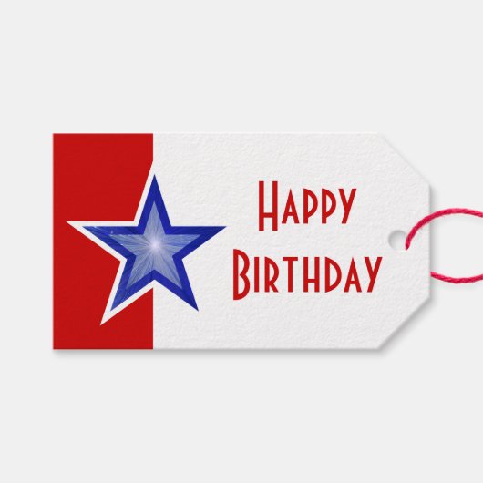 Blue Star Red Print Happy Birthday Geschenkanhänger (Vorderseite (Horizontal))