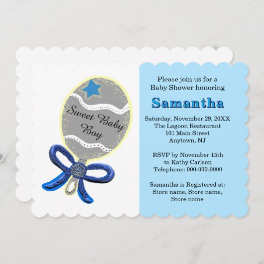 Blue Star Silver Rattle Baby Dusche Einladung (Vorne/Hinten)