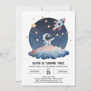 Blue Star Watercolor Astronaut Boy Birthday Einladung