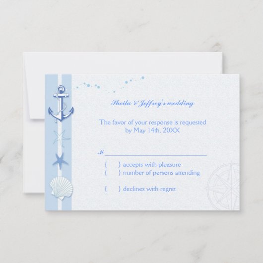 Blue Starfish & Anchor Nautical Wedding RSVP Karte (Vorderseite)