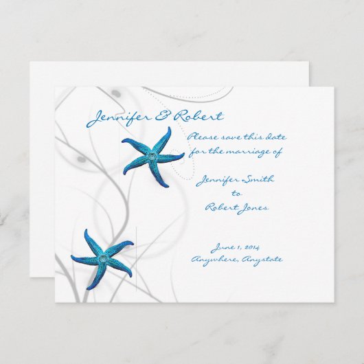 Blue Starfish and Silver Coral Save the Date Card (Vorne/Hinten)