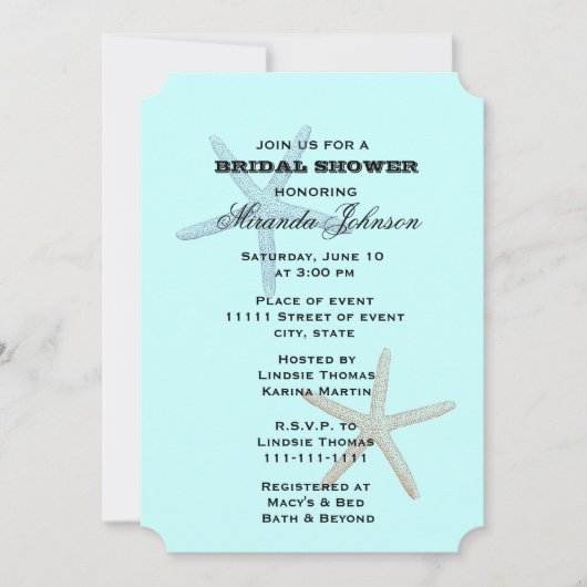 Blue Starfish Beach Brautparty Einladung (Vorderseite)