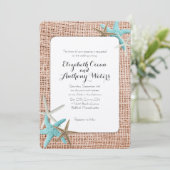 Blue Starfish Beach Burlap Einladungen für Hochzei (Stehend Vorderseite)