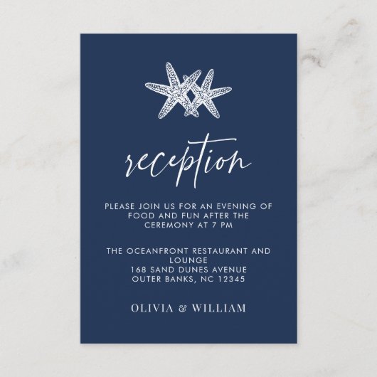 Blue Starfish Beach Hochzeitstag Empfang Begleitkarte (Vorderseite)