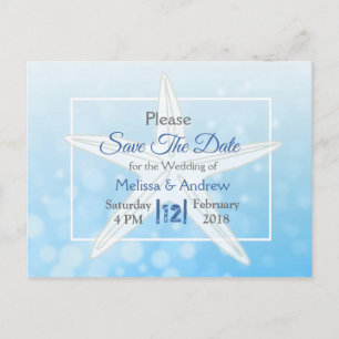 Blue Starfish Beach Themed Wedding Save the Date Ankündigungspostkarte